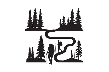 Hikers on a winding trail through a pine forest