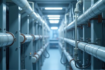 high-tech industrial corridor with rows of pipes and communication cables. long perspective and cool blue tones create futuristic and sterile atmosphere. technology and infrastructure concept.