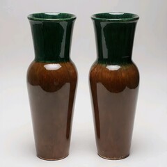 Title:
Two tall cylindrical ceramic vases with narrow necks, green to brown gradient glaze