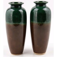 Title:
Two tall ceramic vases with narrow necks, green and brown glossy glaze