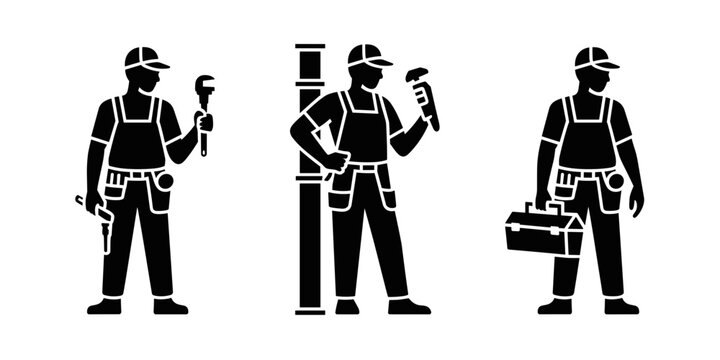 Plumbers in various poses with tools, including a toolbox with wrenches and pipes, in a vector illustration.