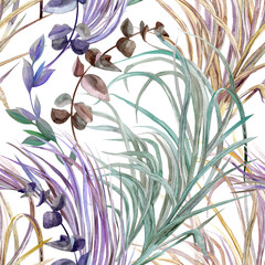 Seamless watercolor pattern with graceful leaves and stems on green background for textile. High quality photo