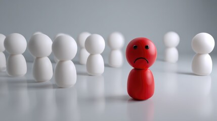 One lonely red figure with sad face standing apart from a group of white figures representing isolation, exclusion, and being different within a crowd.