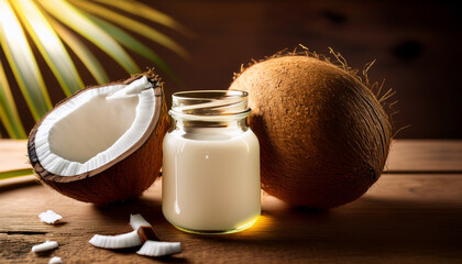 Virgin Coconut Oil In A Glass Jar Beside A Coconut Shell On A Rustic Wooden Table With Soft Natural Light Highlighting The Scene