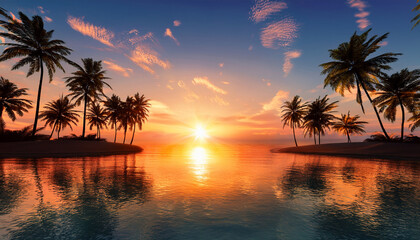 Obraz premium Tropical Sunset Pixel Paradise Palm Trees And The Sun Reflect In The Water During Sunset Creating A Relaxing Scene