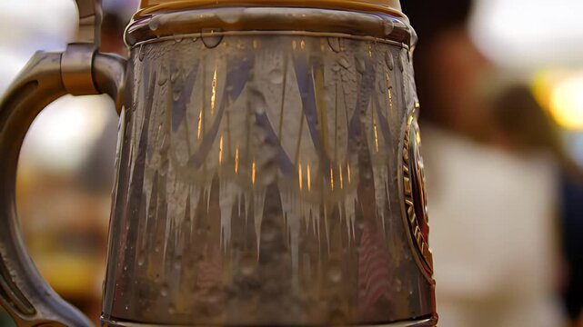 Cinematic close-up of a full beer stein on a table surface, its distorted reflection capturing the bustling, chaotic energy of a lively beer tent.