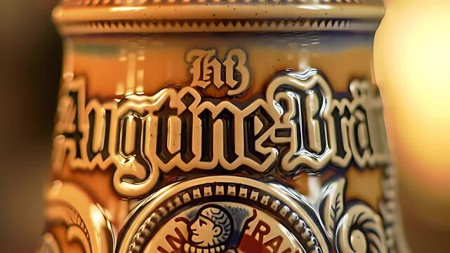 Close-up of intricate branded logo on a ceramic or glass beer stein, showcasing iconic Munich brewery symbols like Hofbräu or Paulaner.