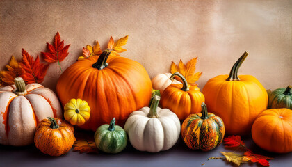 Vibrant Arrangement Of Various Pumpkins In Autumn Colors On A Textured Background