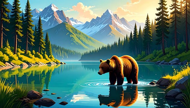 Grizzly bear by a serene mountain lake