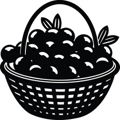 Vintage illustration of a woven basket overflowing with dark round fruits and leaves