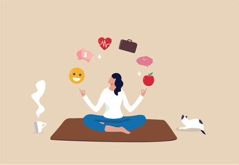 Wellness, lifestyle wellbeing, relaxation to balance happiness, mindfulness mental health, vitality or zen-like health nutrition, meditation concept, calmness woman meditate health wellness elements.