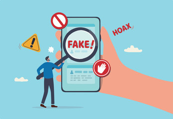 Fake news, false information sharing on social media, hoax or lies censorship, fake website cheating, scam or dishonesty report concept, man magnifying glass on social media as fake news attention