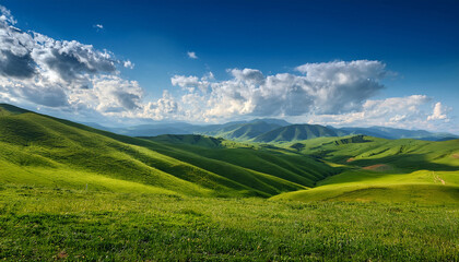 Fototapeta premium Rolling Green Hills Under A Vibrant Sky With Fluffy White Clouds And Majestic Mountains In The Distance Capturing Nature S Beauty And Tranquility