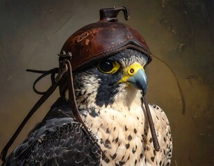 Falcon in Leather Headgear, Majestic Raptor Portrait