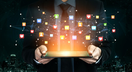 Social media interaction digital icons floating show concept of social media marketing. Online engagement, influencer marketing, and modern connection technology. Spline