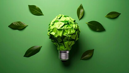 Crumpled paper lightbulb surrounded by leaves on a green background
