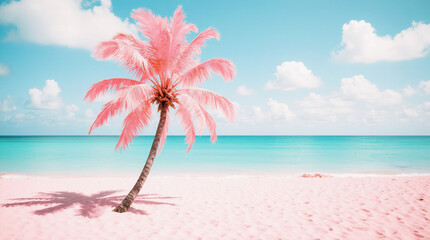 Infrared tropical beach scene featuring a lone coconut palm tree with bright pink leaves on pastel pink sand.
