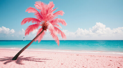 Infrared tropical beach scene featuring a lone coconut palm tree with bright pink leaves on pastel pink sand.