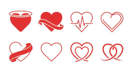 Collection of eight unique red heart graphic designs for love and romance