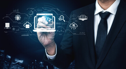 Modern web development concept featuring coding symbols, web development process, web development interface, and web development tools with futuristic design. Spline