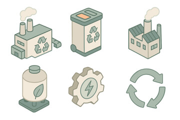 Eco-Tech Icons. Isometric vector illustration set of recycling and eco-industrial technology icons: recycling plant, waste