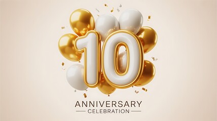 Celebrate a decade of success with this festive 10th anniversary design featuring elegant gold and white balloons plus confetti, perfect for a milestone celebration greeting card