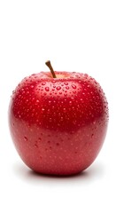 Fresh red apple with water droplets, isolated on a pure white background, high-resolution studio lighting.