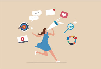Marketing strategy, communication for online website, social media or market research, advertising, seo optimization or marketing campaign concept, woman speak on megaphone with marketing elements