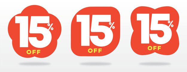15% off, value, sticker, sale, marketing, price, liquidation, offer, discount, business, percent, campaign, sign, shopping, promo, shape. Vector, icon, set