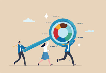 Research analysis, insight information, marketing chart diagram, optimization or analyzing data, intelligence discovery, statistics or examine concept, business people carry magnifying glass analysis