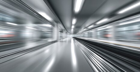 A modern subway tunnel, showcasing a high-speed train in motion, creates a dynamic and sleek aesthetic. The interplay of light and metallic surfaces generates a futuristic feel.