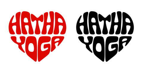 Heart-shaped sticker set featuring "HATHA YOGA" in colorful and black design, A classical style based on physical postures (asana), breathing (pranayama) and meditation