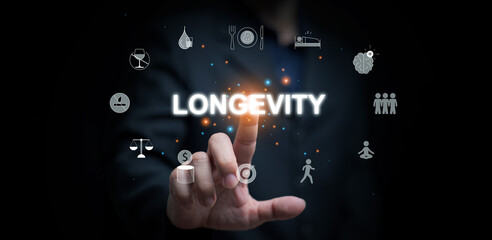 Futuristic longevity concept with glowing text and icons of wellness habits including diet, exercise, sleep, meditation, balance, and positive mindset for healthy living and extended life.
