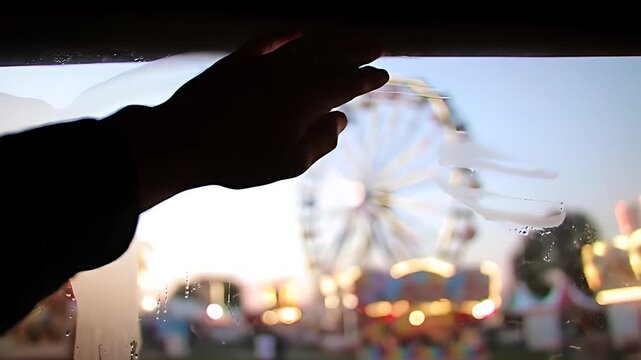 Hand gently wipes condensation from a tent window, revealing a vibrant, bustling fairground with colorful attractions and excited crowds beyond.