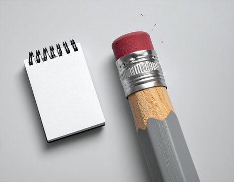 Oversized pencil eraser next to a very small notebook. - Powered by Adobe