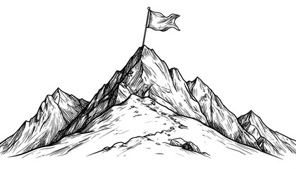 Hand-drawn illustration of a mountain peak with a flag