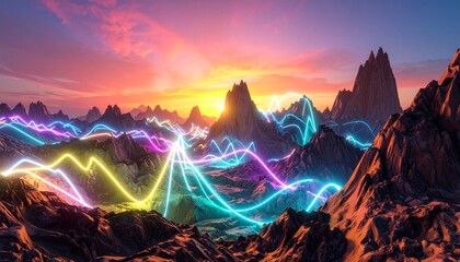 A breathtaking cinematic scene of multi-color bright LED swishing lines traveling rapidly through and around a dramatic rock valley, glowing neon streaks creating a futuristic and surreal atmosphere