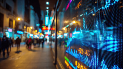 Stock Market Ticker and Financial Data Display Reflected in Window on a Busy City Street at Night, Illustrating Global Finance, Trading, Economic Fluctuation, Business Investment, and Urban Technology