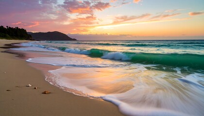 Ocean waves wash ashore during a colorful tropical sunset with vibrant cloudscape