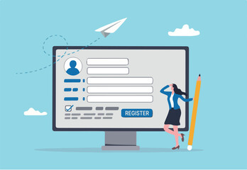 Register new user account, registration form or submission, sign up information online, apply new job or membership, self service concept, businesswoman with pencil complete online registration form.