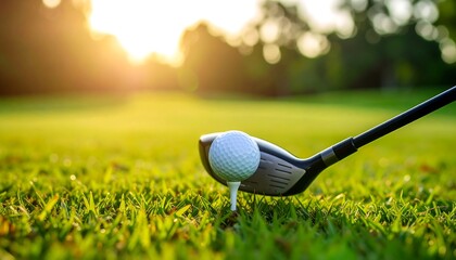 Golf ball and club on tee close-up; green grass, trees and golden sunset bokeh background