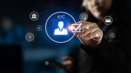 Digital KYC verification with biometric scan, ID authentication, and financial security icons representing identity verification, secure onboarding, fraud prevention, and compliance Latch