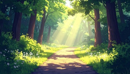 Obraz premium An idyllic forest path, bathed in sunlight filtering through the trees. Lush greenery and soft shadows create a tranquil scene