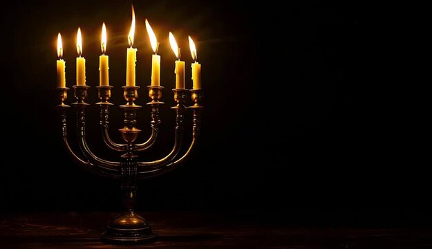 Golden Menorah with seven candlesticks shines in the dark