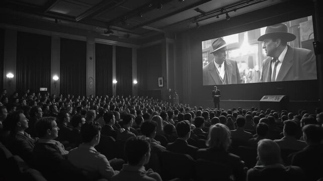 A black and white cinema with a crowd watching an old noir film with a retro projector. 4k video