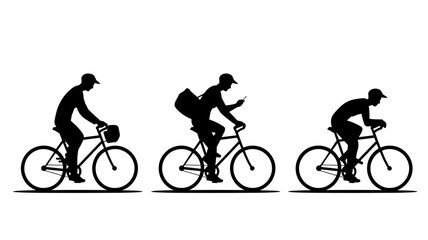 Obraz premium Three black vector silhouettes of people riding bicycles, and they all wear caps.