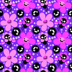 Autumn floral seamless Halloween skulls flower and monsters pattern for wrapping paper and fabrics and kids