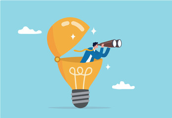 Creativity to help see business opportunity, vision to discover new solution or idea, curiosity, searching for success concept, businessman open lightbulb idea using binoculars to see business vision