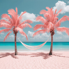 Two pink palm trees with a small hammock, pastel pink coastline, turquoise sea, puffy clouds, soft shadows;