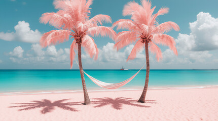 Two pink palm trees with a small hammock, pastel pink coastline, turquoise sea, puffy clouds, soft shadows;